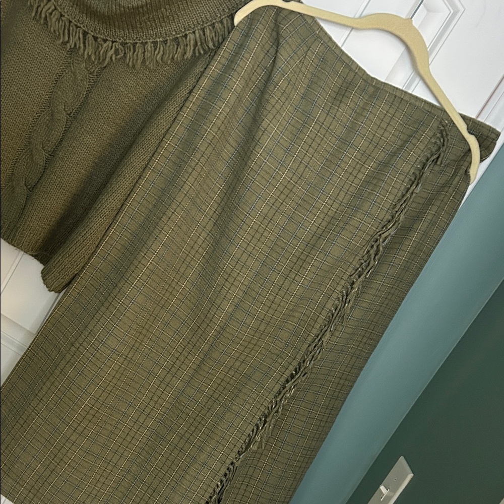 BUNDLE: Olive Cowl Neck Sweater and matching plaid fringe skirt - Picture 4 of 8
